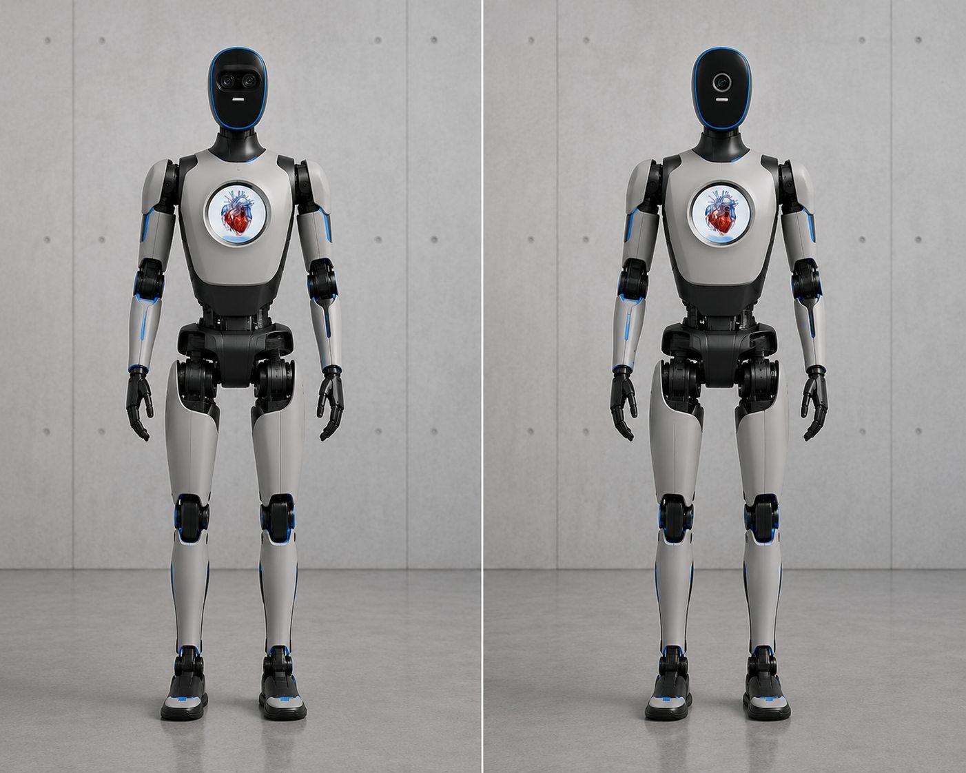 Kino H1 humanoid concept render, shown in Dual and Single vision variants